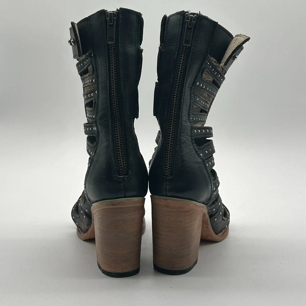 Freebird by Steven Lotus Black Leather Studded Gladiator Boots Womens Size 8